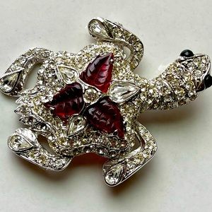 Signed Weinberg NY Red Molded Glass Rhinestone and Rhodium Figural Brooch